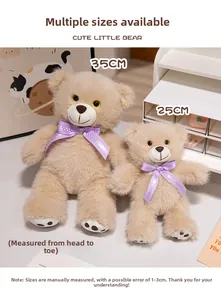 Detail showing 25cm and 35cm teddy bears with purple bows in a cozy nursery setting