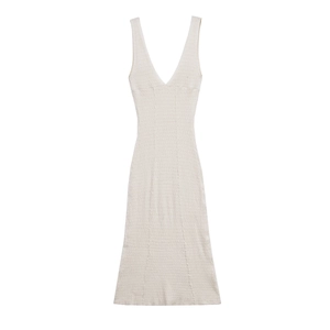 Detail of V-neck sleeveless slim-fit knit midi dress in off-white with vertical ribbed texture