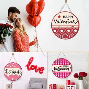 Valentine's Day Wooden Hanging Sign Round Heart Pattern Door Decoration With Jute Rope Pink Red Home Wall Ornament