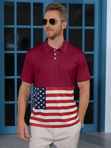 Detail of men's polo shirt with burgundy top and American flag star pattern print