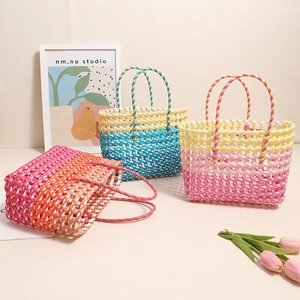 Women Woven Handbag PVC Plastic Hollow Out Gradient Color Beach Vacation Large Capacity Tote Bag Casual Style