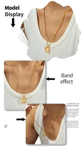 Rectangle zircon pendant necklace with 18k gold plated chain shown on a model