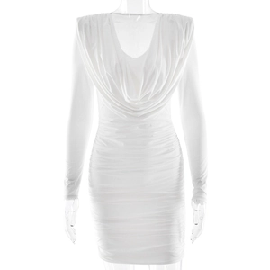 Elegant white long sleeve bodycon dress with cowl neck and ruched texture details