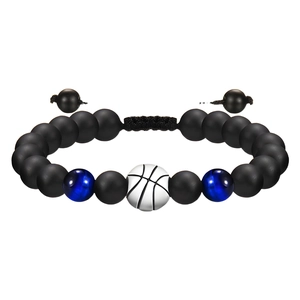 Adjustable basketball tiger eye bead bracelet with matte black and reflective blue beads