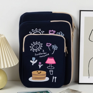 Three-piece navy embroidered laptop sleeve set with sunflower pancake design and zips
