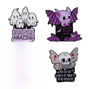 Cartoon Halloween enamel pins set featuring purple skeleton bat ghost and black cat