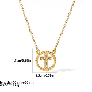 Gold titanium steel moon and heart necklace with white cubic zirconia and size details