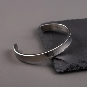 Minimalist 8mm silver titanium steel oval open bangle for men with a polished finish