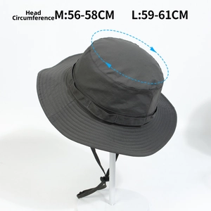 Size guide for outdoor fishing hat showing head circumference measurement for M and L sizes