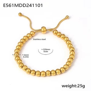 Close-up of 6mm gold stainless steel bead bracelet with adjustable sliding clasp and size specs