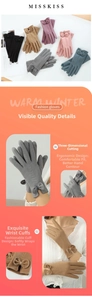 Detail of thick fleece thermal gloves with elegant bow cuff and touchscreen fingertips