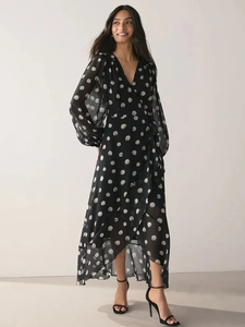 Polka Dot Midi Kleid V-Ausschnitt Langarm Chiffon Wickel Rüschen Unregelmäßiger Saum Französischer Stil Hohe Taille