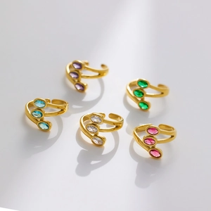 Luxury three-layer stainless steel open ring with colorful oval zircon gemstones