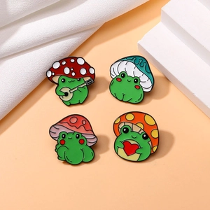 Cute Frog Mushroom Enamel Pins Alloy Cartoon Animal Brooches For Clothing Backpack Decor Playing Guitar Holding Heart