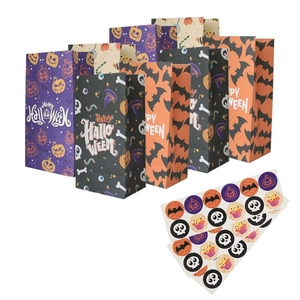 Halloween kraft paper treat bags set with stickers featuring Happy Halloween spooky designs