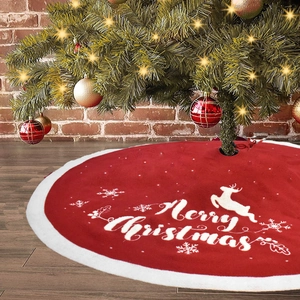 Christmas Tree Skirt Knitted Acrylic Reindeer Snowflakes Embroidery Red White Plush Border Holiday Home Decoration