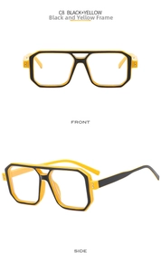Detail of vintage square dual-bridge frames in bold black and yellow with rivet accents
