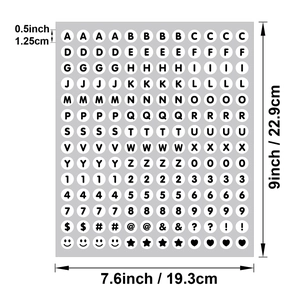 Detail showing 0.5-inch black letters on white round waterproof stickers for DIY crafts