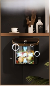 Detail of wood grain lid on hanging kitchen bin with odor-proof seal and macro view