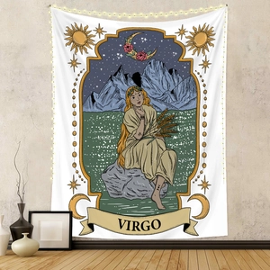 Detail of Virgo tarot tapestry hanging on wall with aesthetic fairy lights and decor
