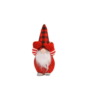 Festive Christmas gnome plush decoration with buffalo plaid hat and red mittens covering eyes