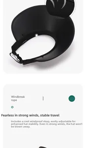 Close-up of detachable windbreak rope hook on black sun hat with breathable wide brim