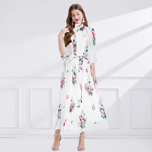 Floral chiffon pleated maxi dress with high neck and waist tie for summer holidays