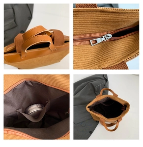 Detail view of corduroy tote bag featuring leather handles and interior pocket