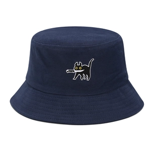 Navy blue cotton bucket hat featuring funny black cat embroidery for summer sun protection