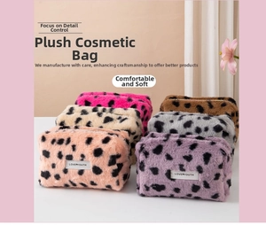 Plush leopard print makeup bags with Love Youth labels in various colors and zipper closure