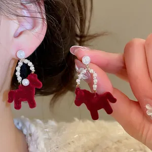 Red Flocked Pony Horse Stud Earrings With Faux Artificial Pearl And Silver Earring Post Retro Elegant Winter Jewelry For Women