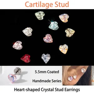 Heart Shape Coated Crystal Cartilage Stud Earrings Titanium Steel Screw Flat Back Body Piercing Jewelry For Women