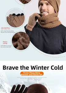 Detailed view of thermal knit hat, fleece-lined neck warmer, and touchscreen gloves set