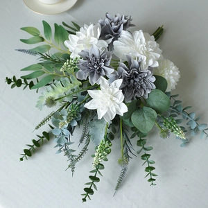 Artificial dahlia bouquet with white and grey silk flowers and green eucalyptus leaves