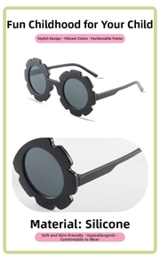 Detail of sunflower shaped black sunglasses for kids made from soft silicone material