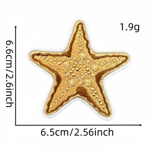 Detailed macro view of starfish embroidery patch with dimensions 6.6cm by 6.5cm