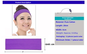 Detail view of purple cotton sports headband showing dimensions 20cm x 6cm and soft texture
