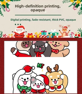 Detail of digital print Christmas stickers featuring cartoon puppy, kitten and thick PVC