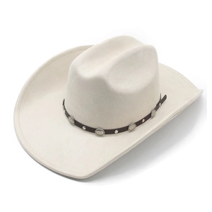 Top view of cream cowboy hat with faux leather band and silver metal concho accents
