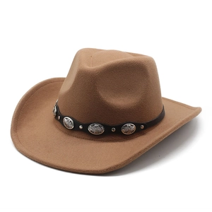 Western Cowboy Hat Felt Fedora With Leather Belt Metal Conchos Vintage Punk Ethnic Wide Brim Outdoor Jazz Cap Men Women