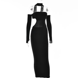 Detail of black halter maxi dress with waist cut-outs and matching long sleeve sleeves