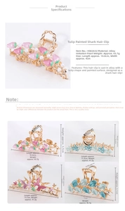 Detailed view of large alloy flower hair claws with sizes for tulips and ginkgo leaves