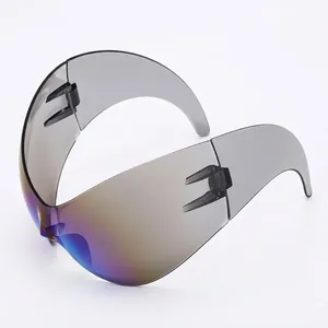 Y2K futuristic wrap around sunglasses with iridescent purple gradient lenses