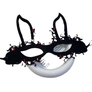 Black rabbit masquerade mask with long ears and deep red gemstones for Halloween cosplay