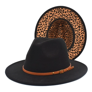 Black fedora wool hat with leopard print lining and brown leather belt buckle detail