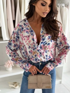 Elegant white long sleeve floral print shirt for women with a classic lapel collar