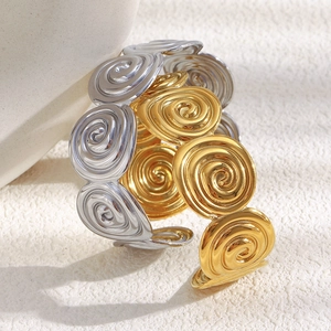Artistic 18K gold and silver plated stainless steel wide open cuff bracelet with spiral relief
