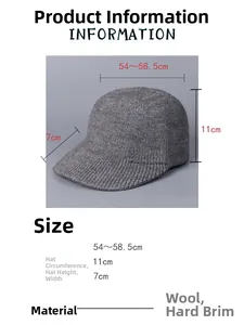 Tableau des tailles pour casquette grise en tricot incluant les mesures de la visière