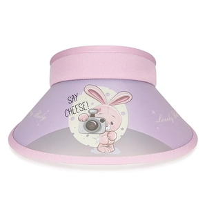 Pink cartoon rabbit children's UV sun hat with wide brim and open top for summer protection