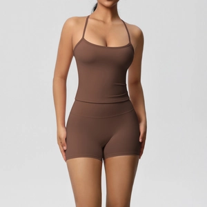 Women's dark brown double-sided brushed yoga set with camisole top and high-waist shorts